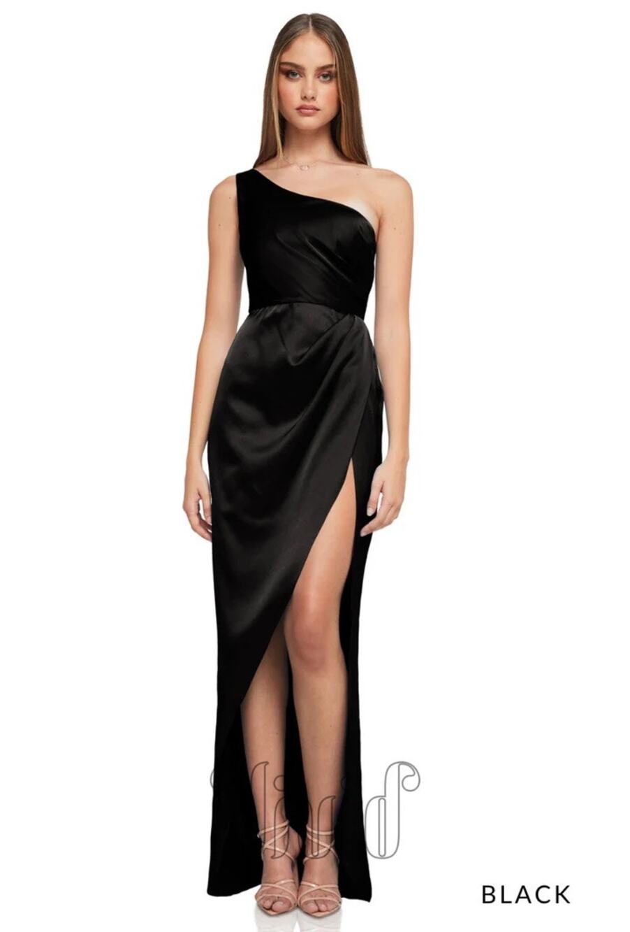NWT Nookie Sz L Virtue Black One Shoulder Thigh High Slit Evening Cocktail Gown